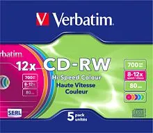 CD-RW диск Verbatim Colour 700Mb 12x 43167 (SlimCase, 5 шт.)