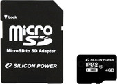Карта памяти Silicon-Power microSDHC (Class 10) 4 Гб + адаптер (SP004GBSTH010V10-SP)