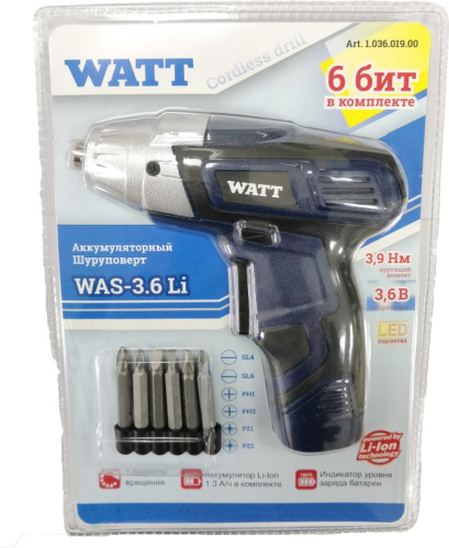 Электроотвертка WATT WAS-3.6Li 2019 (в блистере)