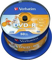 DVD-R диск Verbatim 4.7Gb 16x AZO Wide Inkjet Printable без ЛОГО по 50 шт. CakeBox